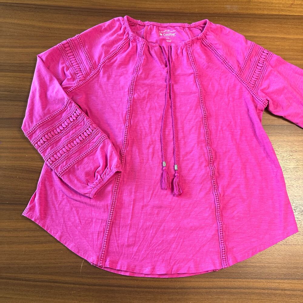 Coolibar SPF 50 Sarti Fuchsia Top,‎ Peasant, Tassels, Beach Vacation, XL